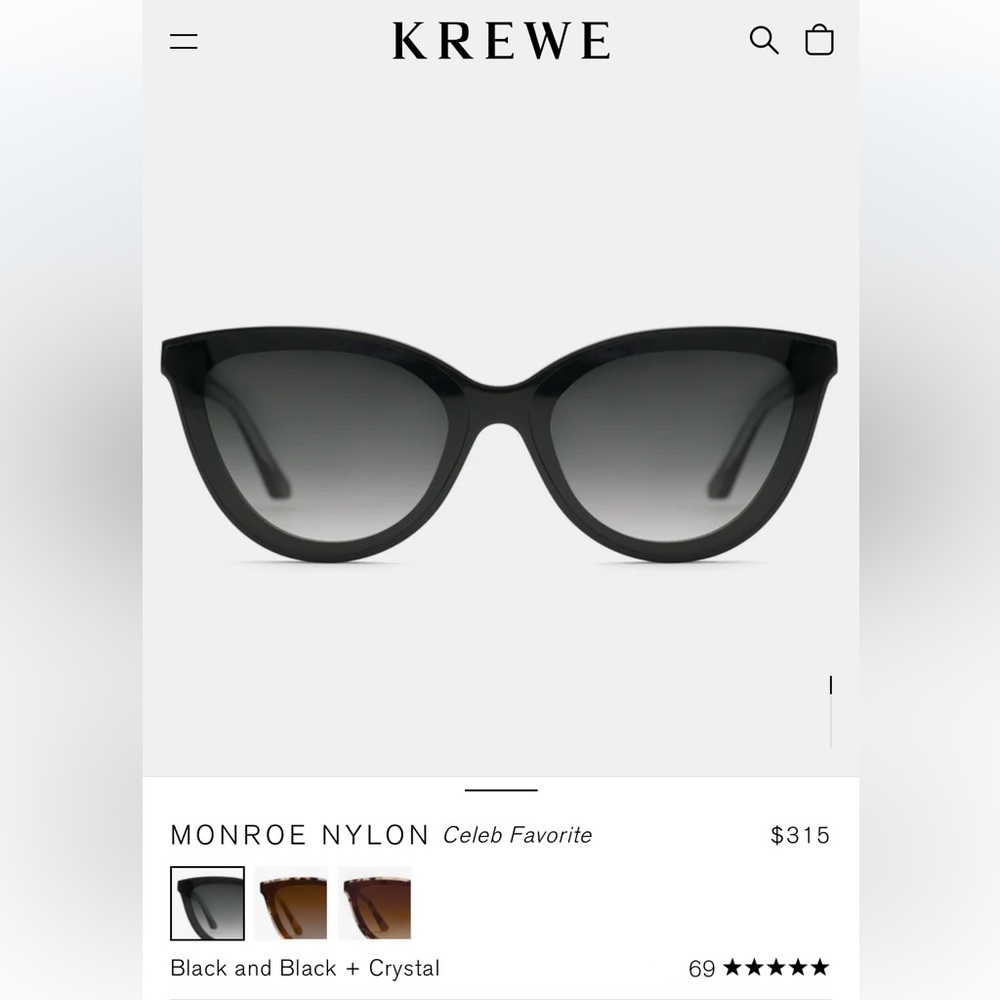 NWOT KREWE Monroe Nylon Sunglasses - Black and Black + Crystal